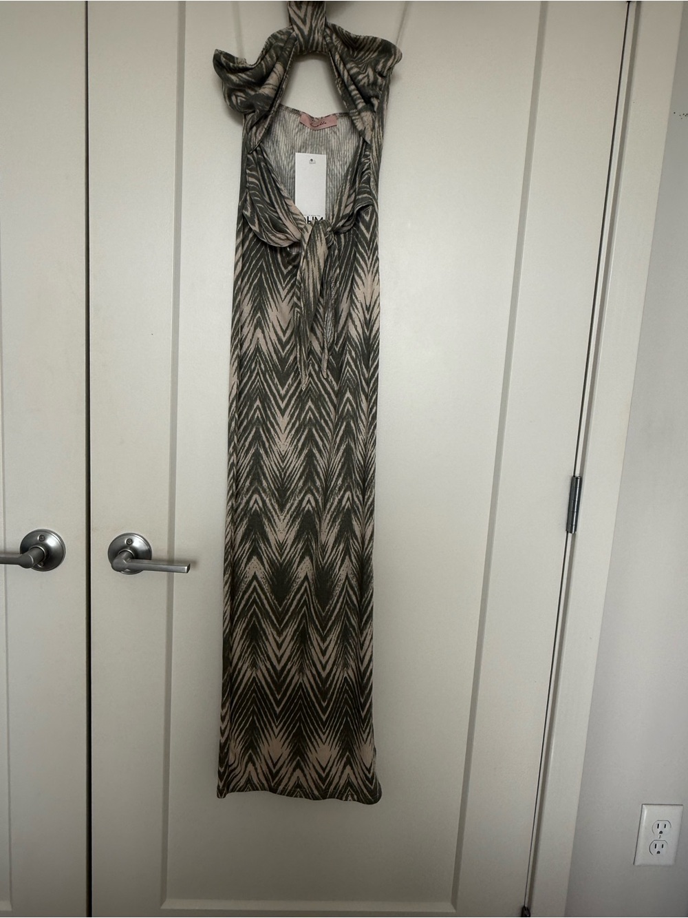 Sleeveless Halter Midi Dress in Olive & Beige Print